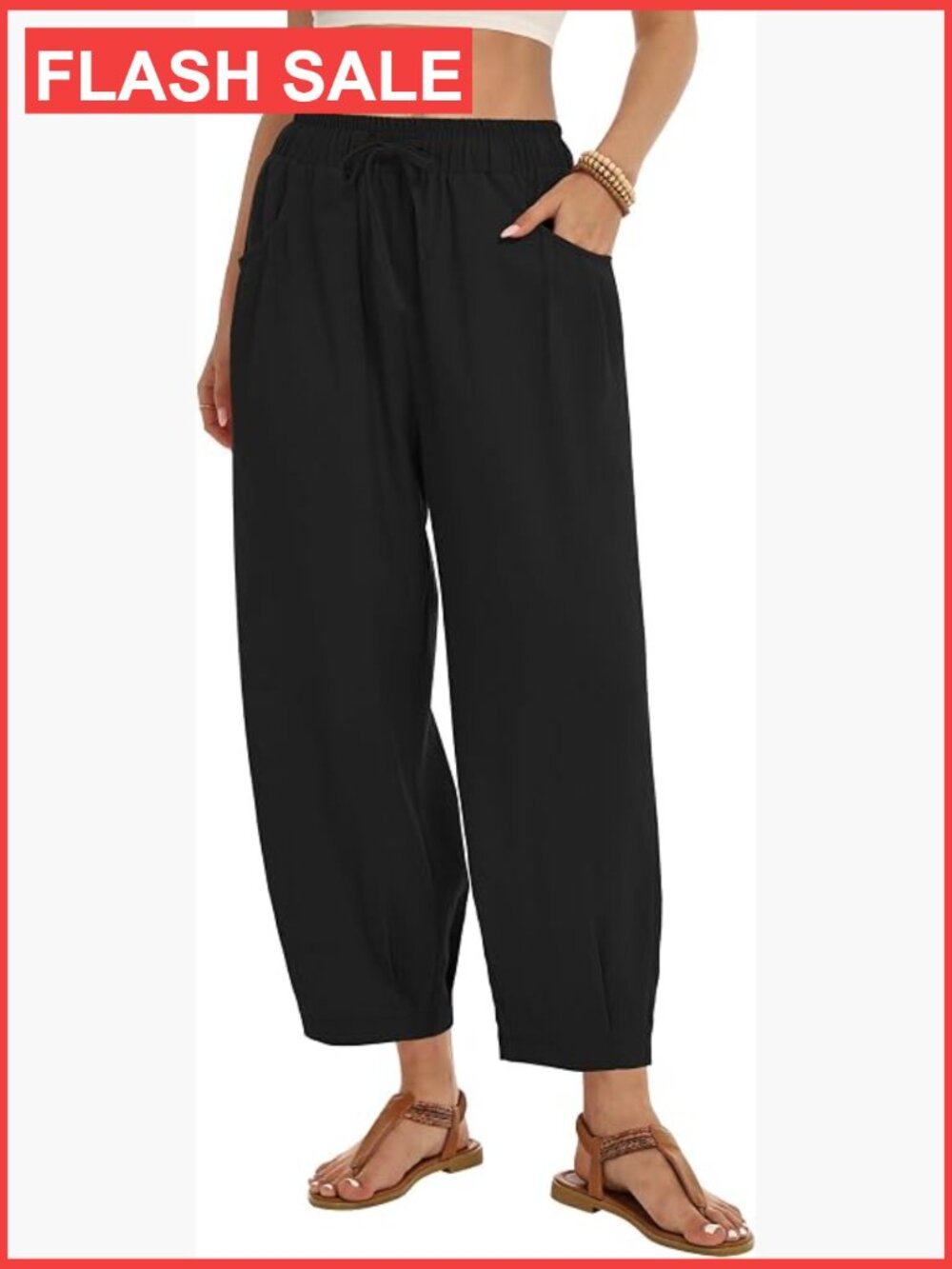 Women's Linen High Rise Palazzo Wide Leg Harem Pants with Pockets
